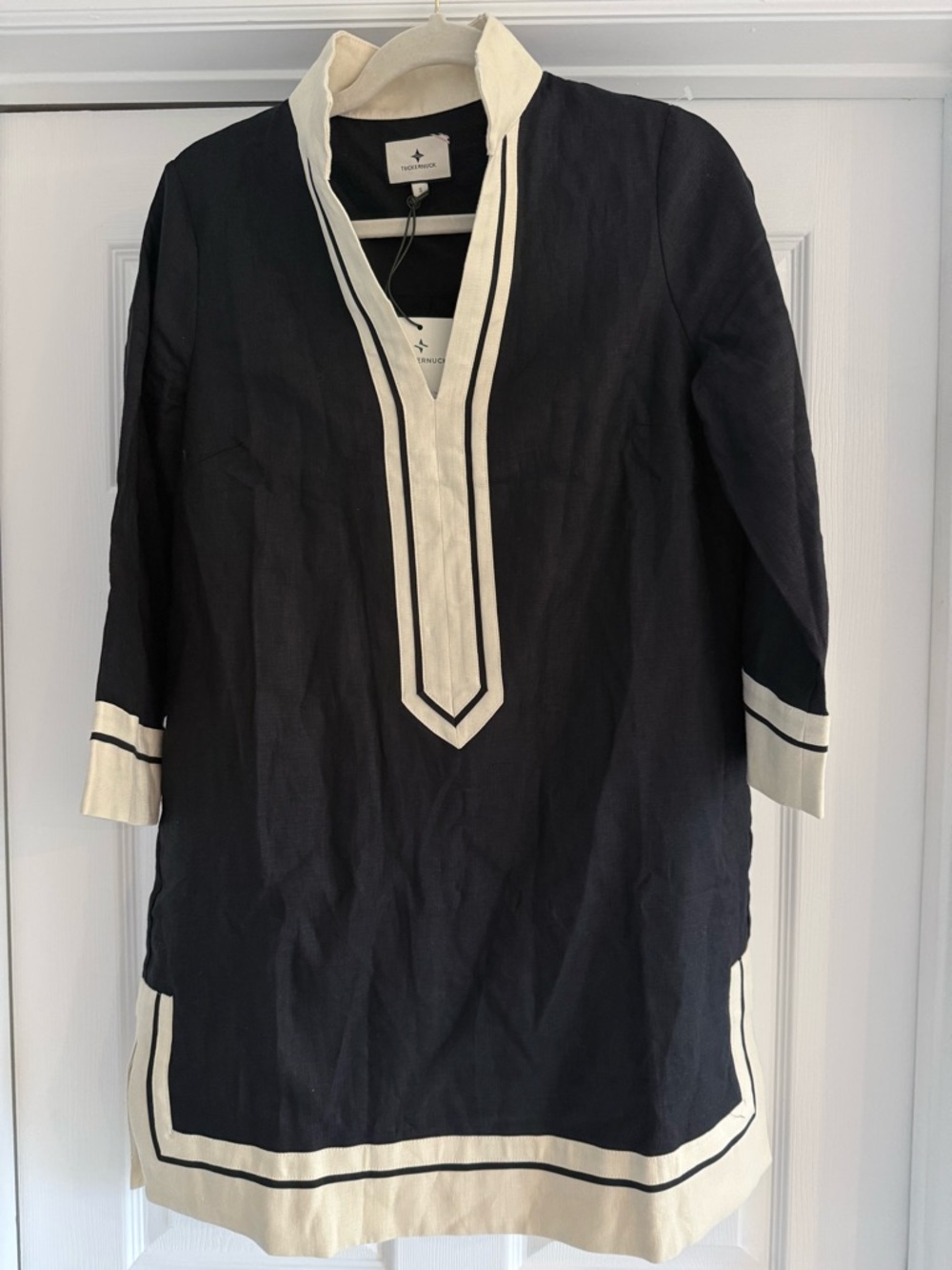 NWT Tuckernuck Black Linen Caftan Mini Dress Contrast Trim Size S - Picture 2 of 7
